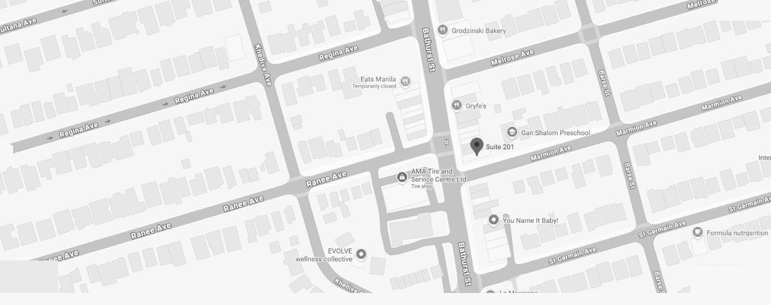 Map showing Drew Laszlo Architect's office location at 3405 Bathurst Street, Suite 201, Toronto
